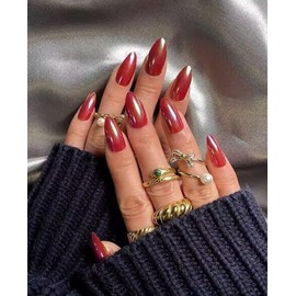 24PCS Press On Nails, Mirror Metal Stiletto Fake Nails, Almond Medium Shape, Stick on Nails, Glue on Nails False Nails (Aurora Red)