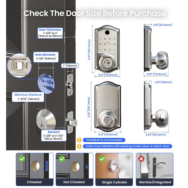 Veise VE018 Smart Knob Handle Lock - Fingerprint, App Control,
