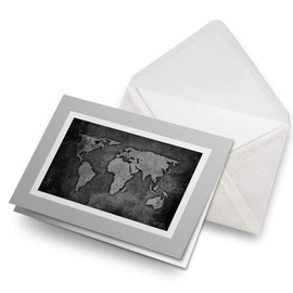 Greeting Cards Gray (Insert) BW - World Map Earth Travel Fun Blank Greetings Card Birthday Kids Party Boys Girls #39592