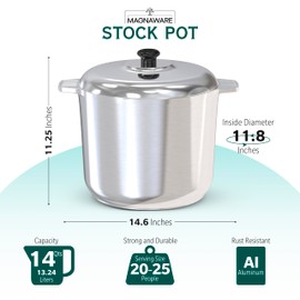 Magnaware 14 Quart Cast Aluminum Stock Pot with Lid - Durable & Lightweight Soup Pot with Even Heat Distribution & Retention - Professional Cookware Stockpot with Silicone Handle Covers