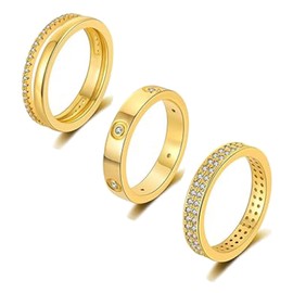 Guyode Set of 3 Rings Set, Gold Ring, Stackable Rings, Gold, Waterproof, 14K Gold-Plated, Gold Ring, Women's Personality, Engagement Ring, Women's Gold for Valentine's Day, Mother's Day, Anniversary,
