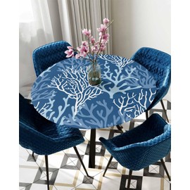 Chees D Zone Coastal Coral Round Fitted Tablecloth with Elastic Edge,Ocean Table Cover Waterproof Navy Table Cloths for Round Tables,Marine Theme Sealife Circle Table Covers for Kitchen 45-54in