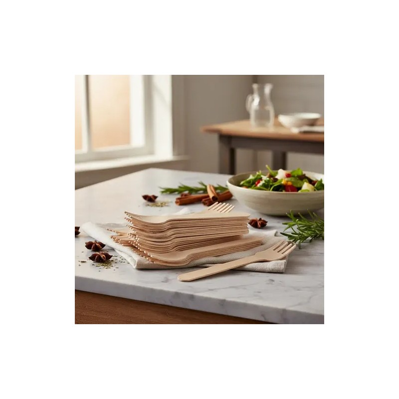 Tenedor Madera Biodegradable 6 Pulgadas 100 Piezas Wecare Ecológico Beige