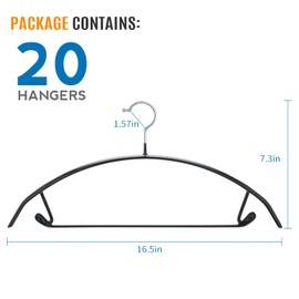 FSUTEG Black Hangers 20 Pack - No Shoulder Bump Non-Slip Rubber Coating Contour Metal Hangers for Sweaters, Coats & Clothes, 15 lbs Weight Capacity, Non-Slip, 16.5 Inch