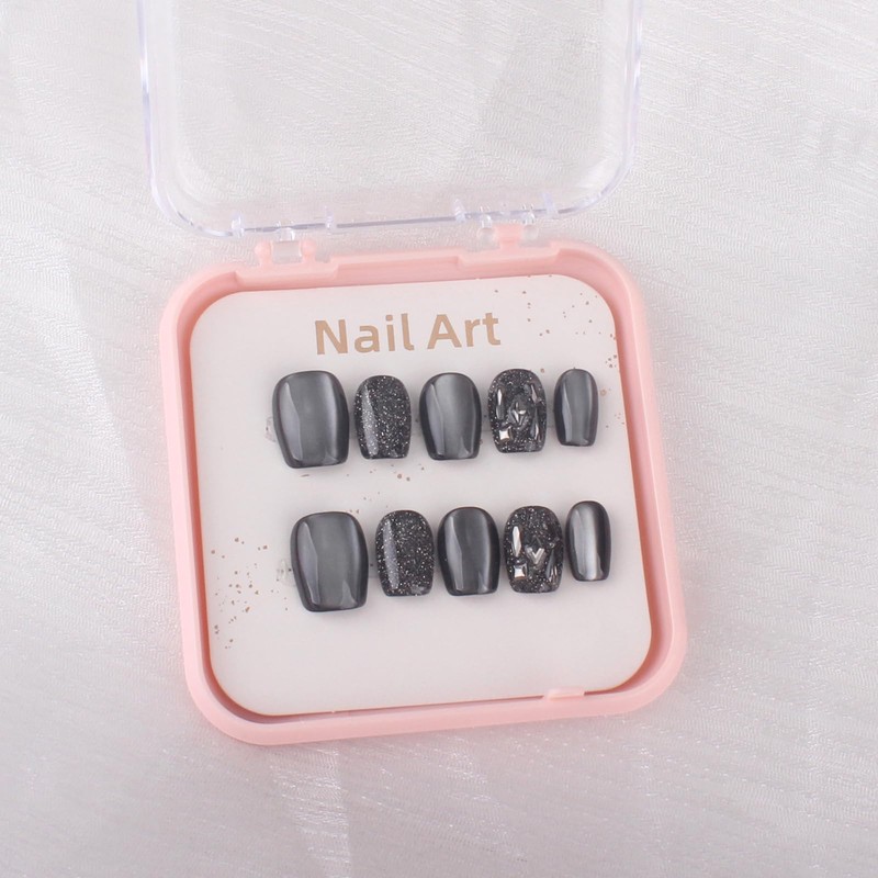 Nail Tip, Short, Square, False Claws, Black, Cat Eye, Short,