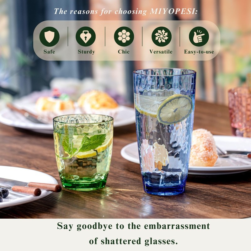 MIYOPESI 26oz Colorful Acrylic Glasses Drinkware (Set of 8), Hammered-stria
