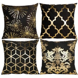 Pack of 4 Decorative Throw Pillow Cover, Luxury Glitter Thick Black White Couch Cushion Cover Gold Foil Pillow Covers 18 x 18 Inch Elegant Design for Couch Sofa Bedroom Living Room Home Decor