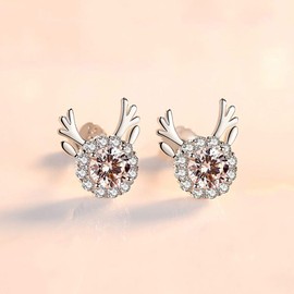 wynn's Silver Christmas Stud Earrings for Women, 925 Sterling Silver Xmas Reindeer Stud Earrings, 10mm Small Sleeper Studs with AAAAA White Cubic Zirconia, Gift for Christmas