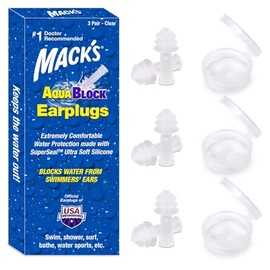 Tapones para los oídos de natación AquaBlock de Mack, 3 pares, cómodos, impermeables, tapones de silicona reutilizables para nadar, bucear, ducharse, surfear y bañarse (transparente)