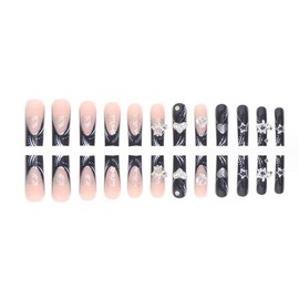 Foccna Foccna Press on Nails Long Rhinestone Pink Fake Nails Black Nails Square Bling Glossy 3D Flower False Nail Tips Artificial Nails Finger Manicure for Women and Girls-24pcs (Long Nails 2)