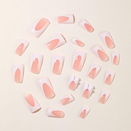 Duck Press On Nails Medium Fake Nails Bow With Pearl Design French Tip False Nails Full Cover Acrylic Nails Glossy Glue On Nails Reusable Stick On Nails For Women Manicure 24Pcs