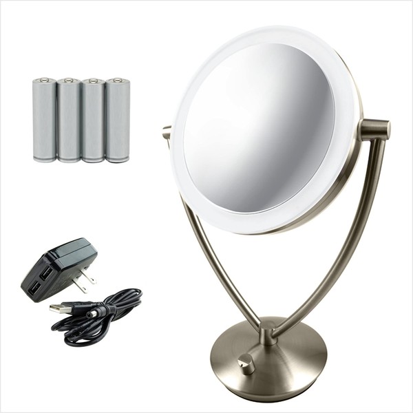 Ovente 7.5" Lighted Tabletop Makeup Mirror, 1X & 10X Magnifier, Adjustable Spinning Double Sided Round LED, Dimmer Switch, Ideal for Vanity & Bathroom, Battery USB Powered, Nickel Brushed MLT75BR1X10X