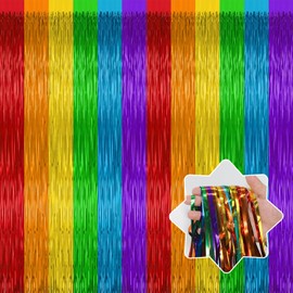 LULEEYANG 4 Pack Rainbow Backdrop Curtains,3.28 Ft x 6.56 Ft Rainbow Party Decorations,Metallic Tinsel Backdrop Fringe Curtains Party Streamer for Wedding Birthday Party