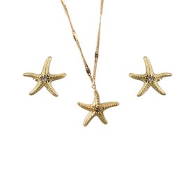 Dainty CZ Starfish Pendant Necklace and Stud Earrings Set for Women Stainless Steel 18K Gold Plated Fashion Cubic Zirconia Star Charm Adjustable Chain Choker Trendy Beach Vacation Boho Summer Jewelry