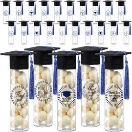 Teenyyou 25 Set Graduation Gum Tubes Graduation Candy Containers 2025 Plastic Grad Cap Jars Container with Tassels and Graduation Stickers for DIY Graduation Party Favors (Blue)