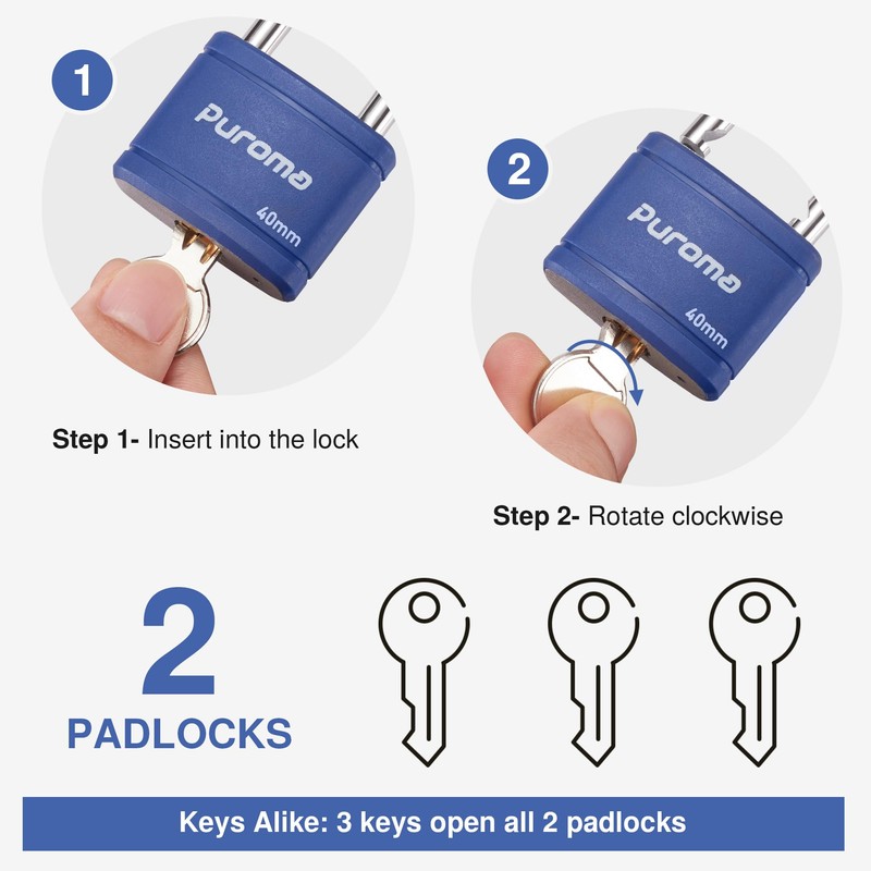 Puroma 2 Pack Keyed Padlock with 3 Keys Alike, 7/8