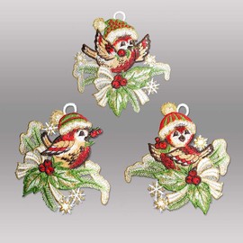 Set of 3 Embroidered Window Stickers Small Winter Sparrows High-Quality Window Decoration Made of Real Plauen Lace 12 x 13 cm