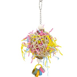 1081 Vine Shred Ball - Handmade Colorful Foraging Bird cage Toy, Large Rattan Vine Ball, Colorful Crinkle Paper, Cardboard chew Donuts, Great for med Size Birds Caiques Conures Cockatiels