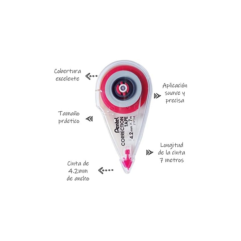 Pentel Cinta Correctora, Compacta, 7 m x 4.2 mm, Blanca,