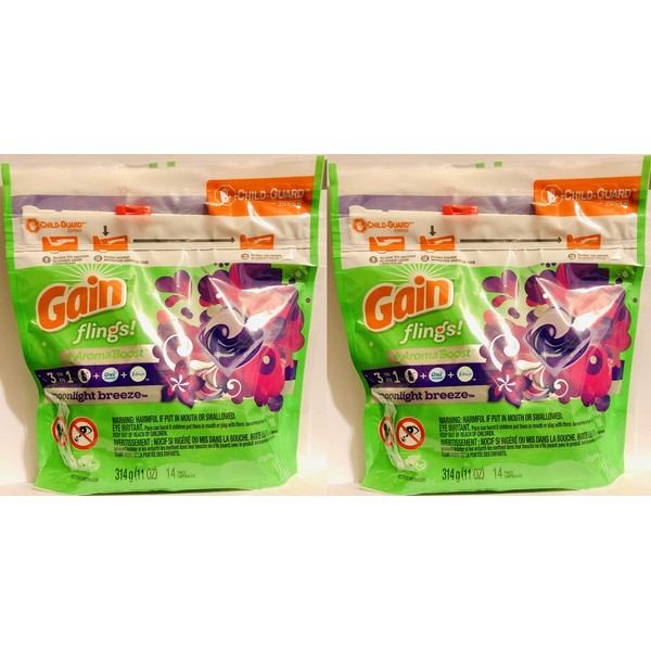 Gain Flings cápsulas de detergente para lavandería – aroma a brisa de luna – 14 unidades por paquete – Paquete de 2 paquetes (total de 28 cápsulas)