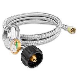 MONKKIGO 5FT Propane Regulator with Hose, Stainless Steel Braided Propane Gas Regulators and Gauges for Most LP Gas Grill, Heater and Fire Pit Table