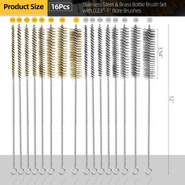 PokShow 16Pcs Stainless Steel & Brass Wire Tube Brushes Bottle Brush Set,12" Long Wire Bore Brushes for Deep Cleaning Pipes,Tubes,Narrow Spaces, Engine Parts, Home Brew(1/4"-1" Sizes)