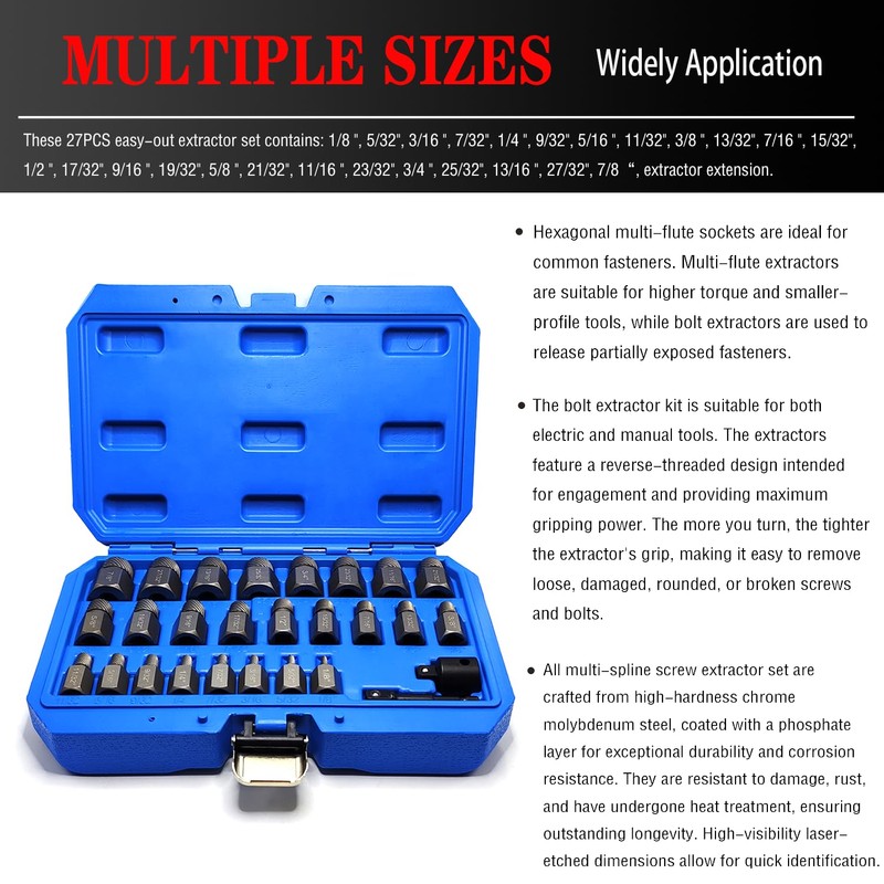 JEUCLEL 27PCS Multi-Spline Screw Extractor Set, 3/8" Inch Adaptor Easy