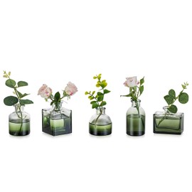 Glasseam - Jarrón de cristal verde: mini jarrones pequeños para centros de mesa, bonito juego de 5 jarrones pequeños para flores, centro de mesa, decoración de boda, fiesta, comedor
