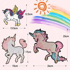 BOFUNX 3 Pieces Unicorn Patches School Cone Large Unicorn Sew-On Sequins Patches Glitter Iron-On Patch Children Iron-On Patches for School Cone School Bag Clothing