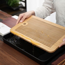 14 Inch Bamboo Chinese Gongfu Tea Tray with Water Storage Drainage, Chinese Gongfu Tea Tray Table Box for Kungfu Tea Set. Suitable for Teahouse Home Office (Yellow+Black)