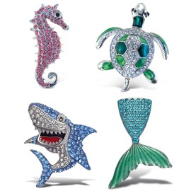 Aqua79 Beach Sparkling Refrigerator Magnet Set - Silver Seahorse, Sea Turtle, Shark, Mermaid Tail Magnets, Sparkly Animal Rhinestone Magnets for Door Fridge, Home Office Novelty Decor - Set of 4