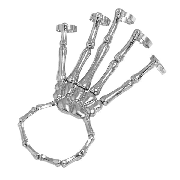 Punk Wristband Skull Fingers Metal Skeleton Hand Bracelet with Ring