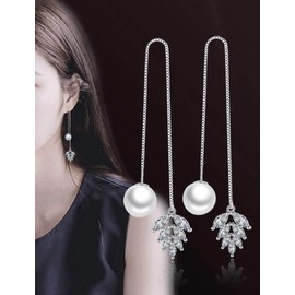 uPrimor 2-in-1 Multiple Style Platinum Plated Thread String Dangle Earrings with Pearl and Cubic Stone Leaf