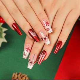 Christmas Press on Nails Medium Coffin Fake Nails With Snowflake Rhinestones Designs Xmas Red Glitter False Nails Acrylic Glue on Nails Winter White French Tip Artificial Nails for Women 24 Pcs