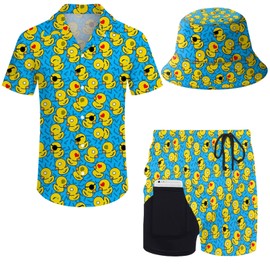 Wdpsuxin Mens 2 Piece Tracksuit Hawaiian Button Down Shirt and Compression Liner Shorts Sets with Bucket Hats, Retro 80s 90s Graphics Rubber Duck Blue, Large