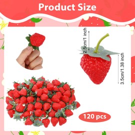 120Pcs Artificial Strawberries, Faux Realistic Strawberry Decor 1.38in Fake Lifelike Fruit Red Strawberries with Green Leaves for Home Kitchen Party Photography Prop