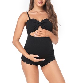 EastElegant Maternity One Piece Swimwear Back Cutout Pregnancy Bikini Scalloped Pregnant Bathing Suit, Black, Large