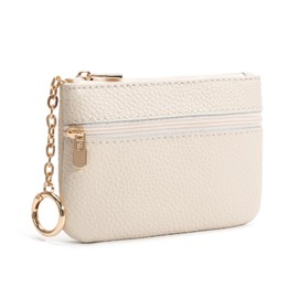 LARENNT Full Grain Leather Coin Purse with Keychain - 2 Zippered Pockets Mini Coin Pouch Card Holder Keychain Pouch Keychain Wallet - Small Change Purse for Women and Men (Off White)