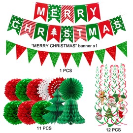 Fecedy MERRY CHRISTMAS Hanging Paper Banner Pom poms Paper flower Fan Swirl Streamers&Christmas tree Santa Claus Banner For Merry Christmas Party Decorations