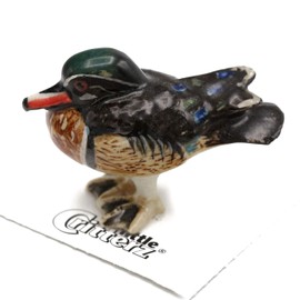 Little Critterz Duck - Wood Duck Bob - Multicolour Home Decor Bird Miniature Porcelain Figurine
