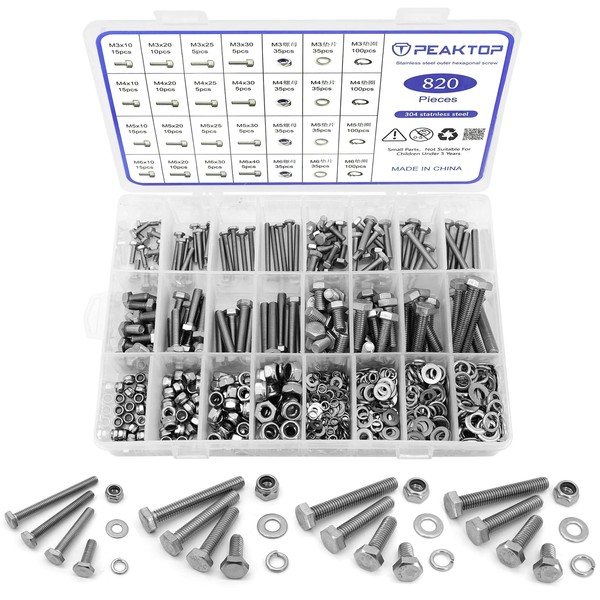 Pack of 820 M3/M4/M5/M6 Hex Bolts Nuts Washers Hex Screws