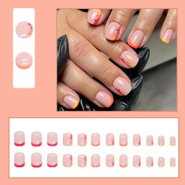 24 Pcs Pink Press on Nails Short Square - SHANRUN Fall Rose Red French Fake Nails Press ons Nail Art Tip Glue on Nails Full Cover Artificial Acrylic Set False Nails Stick on Nail with Flower for Women