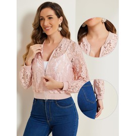 Allegra K Lace Jackets for Women's Stand Collar Zip Up Lightweight Gothic Sheer Baseball Jacket Large Pink