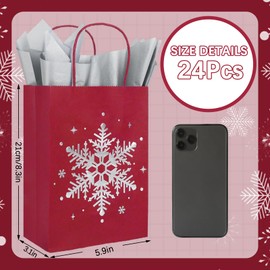 Whaline 24Pcs Christmas Paper Bags with 30 Sheets Tissue Paper Red Silver Snowflake Treat Gift Bags with Handles Candy Goodie Bags for Winter Xmas