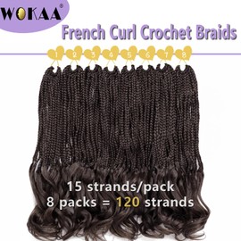 WOKAA French Curly Braiding Hair Prelooped 18 Inch Dark Brown Crochet Hair for Women 8 Packs Soft Crochet Braids with Curly Ends Synthetic Hair Extension 4#