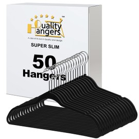 Quality Hangers 50 Pack Slim Plastic Hangers for Clothes - 16.5" Won't Crease Your Clothes, Heavy Duty Non-Velvet Black Hangers 360° Swivel Chrome Hook Non Slip Notches Dresses Coats Shirts Jackets