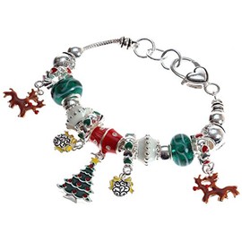 Lova Jewelry Christmas Theme Murano Glass Beaded Silvertoned Charm Bracelet