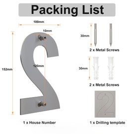 Brushed Modern House Number -6 Inch 152mm Height, Made of Solid 304 Stainless Steel, Floating Appearance and Easy to Install (Number 2 Two)