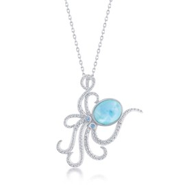 Beaux Bijoux Nautical Octopus Caribbean Natural Larimar Gemstone Sterling Silver Pendant 18’’ Necklace Jewelry for Women