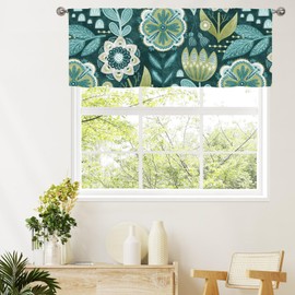 MitoVilla Teal Blue Boho Valance Curtains for Living Room, Abstract Plant Pattern Semi Sheer Kitchen Valances for Windows, Turquoise Rod Pocket Short Window Treatment Decor, 52x18